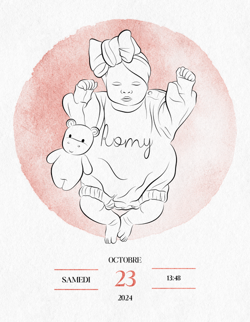 Portrait de Naissance Minimaliste – Illustration Numérique Line Art Personnalisée