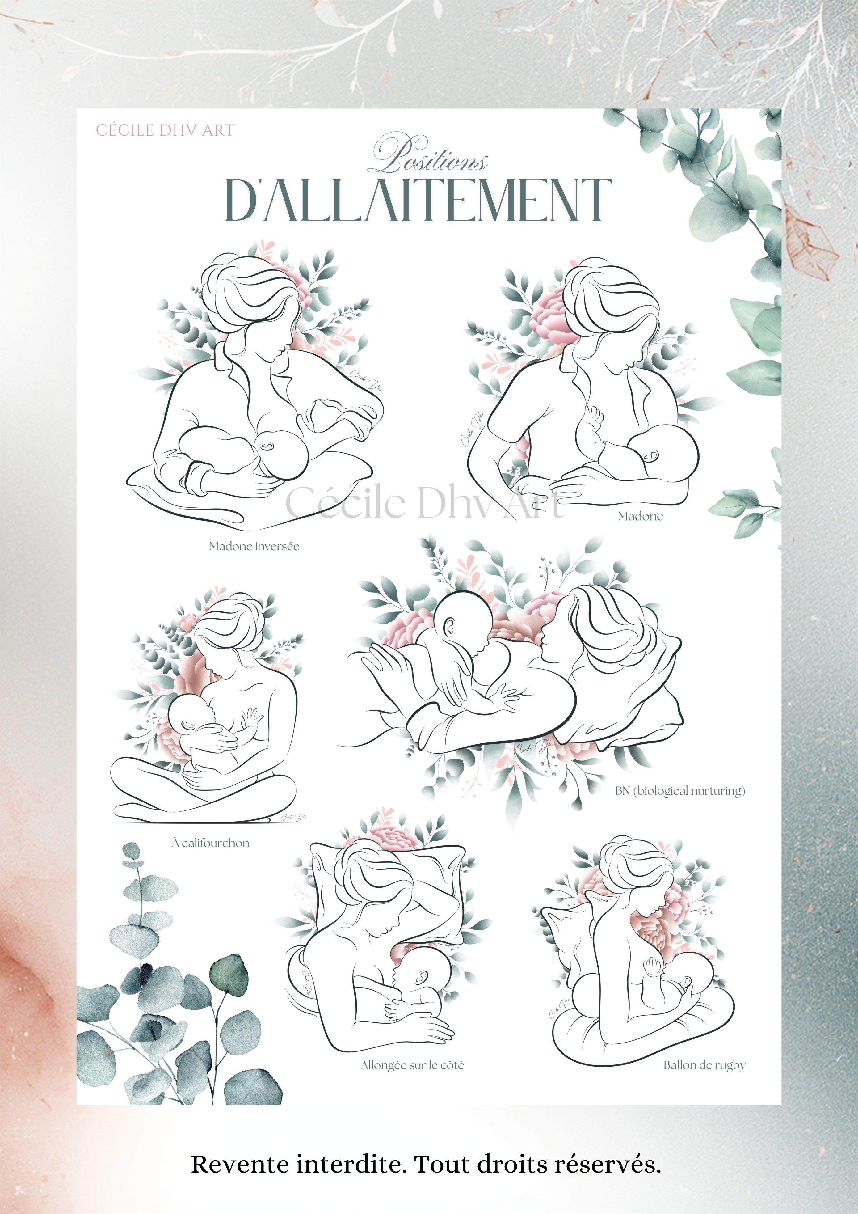 6 Positions Allaitement Illustration Affiche- Poster- Téléchargement numérique- Poster- Maternité Doula Sage femme- Chambre bébé