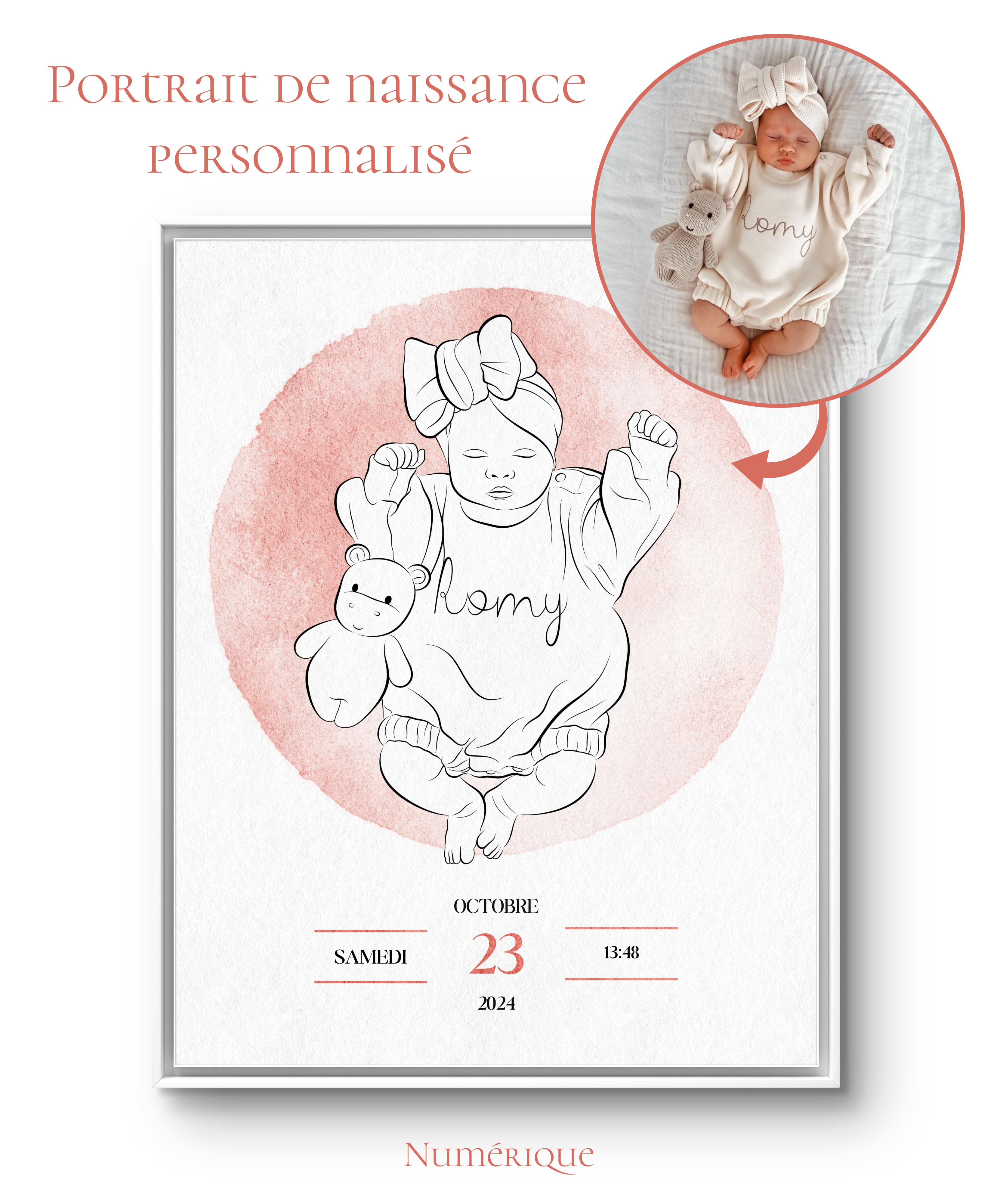 Portrait de Naissance Minimaliste – Illustration Numérique Line Art Personnalisée