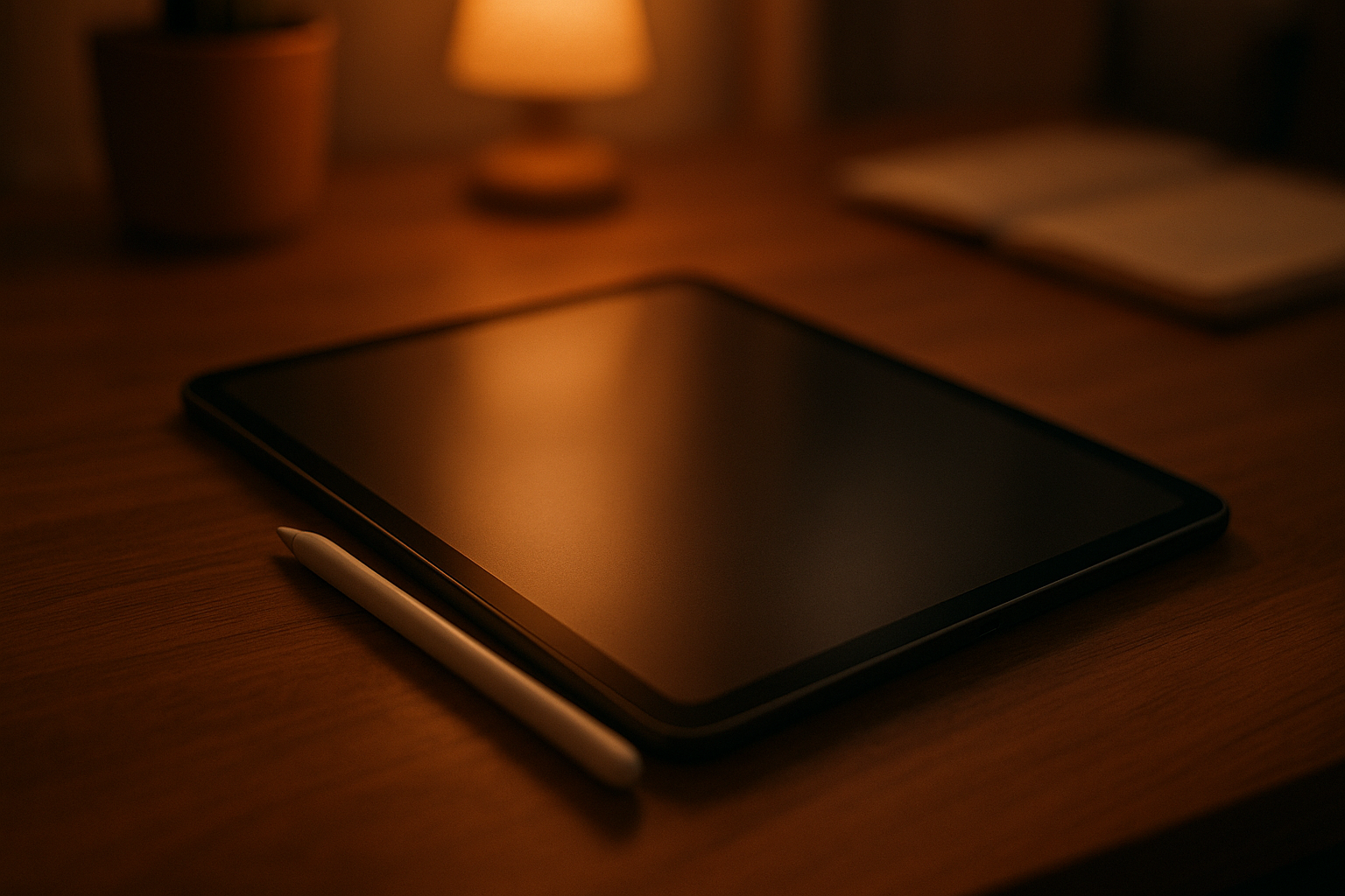 Une tablette numérique avec un stylet posé sur un bureau, ambiance douce et chaleureuse